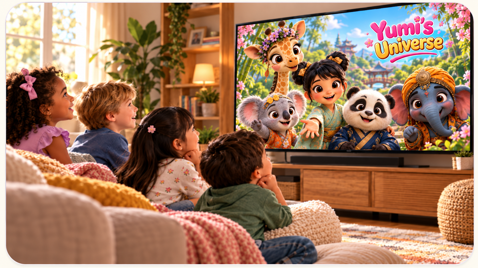 Four children sitting together on a couch at home, watching Yumi and her animal friends on a TV screen