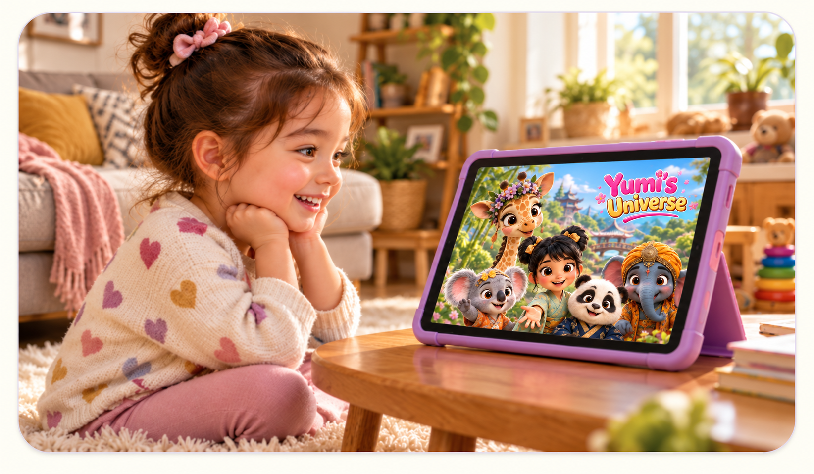 A young girl resting her chin on her hands, smiling as she watches Yumi and her animal friends on a tablet in a bright playroom
