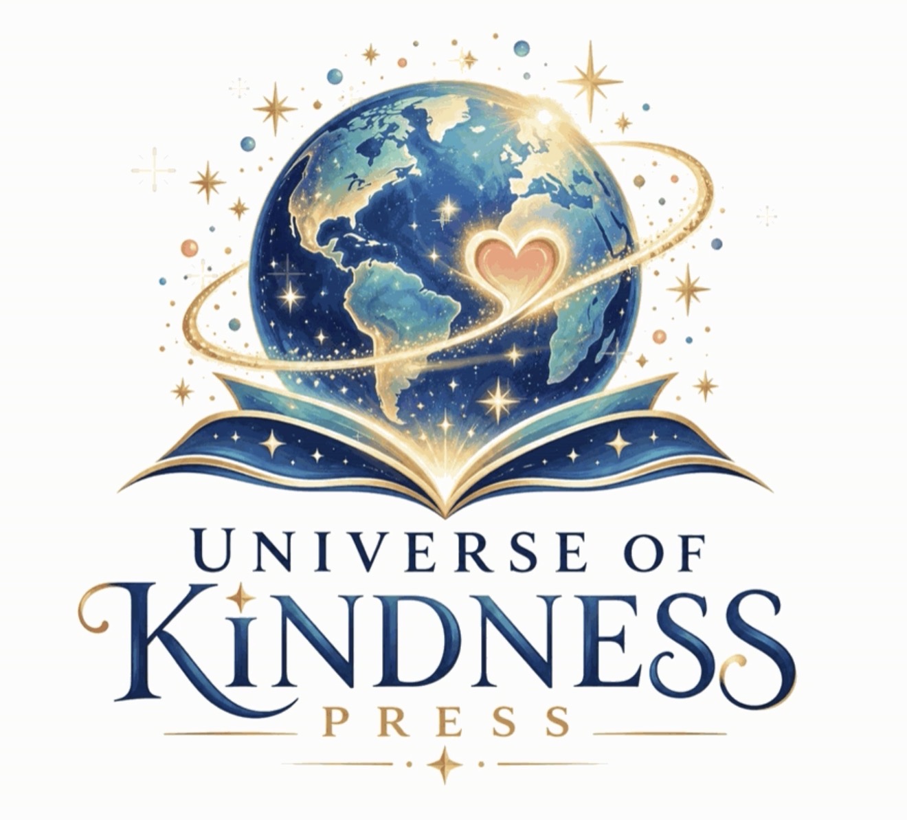 Universe of Kindness Press logo: a glowing globe with a heart rising from an open book