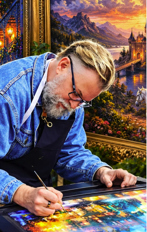 Joel Christopher Payne, lead character creator and animator at Yumi's Universe, painting at his worktable in a studio