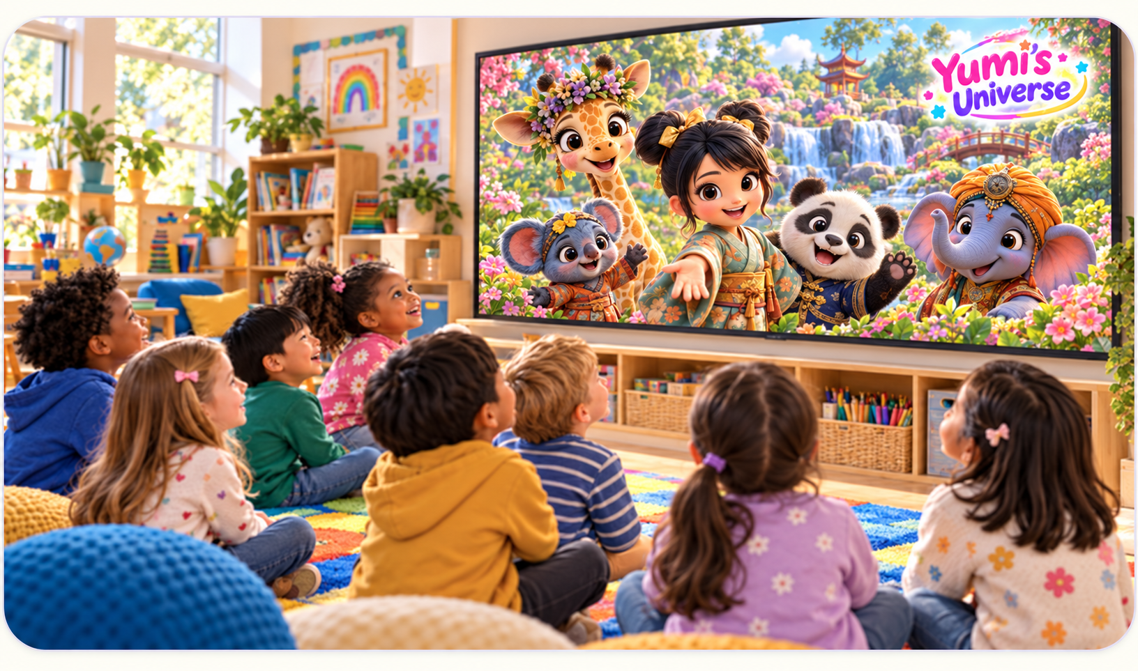 Seven children sitting on classroom beanbags and carpet, smiling up at a TV screen showing Yumi and her animal friends