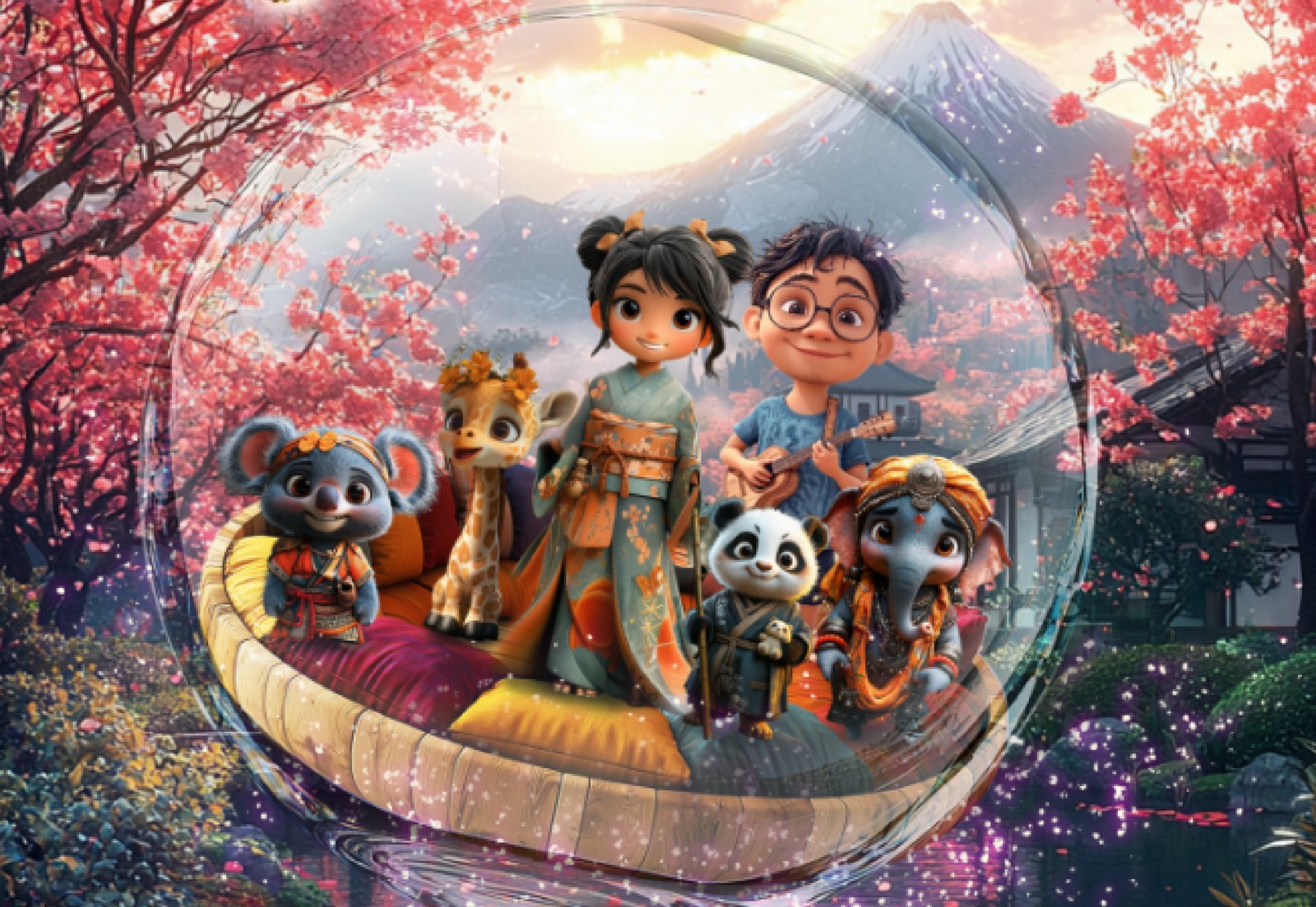 Yumi and friends riding together in the Mystical-Magical Orb-Ship above a cherry-blossom garden with Mount Fuji in the distance