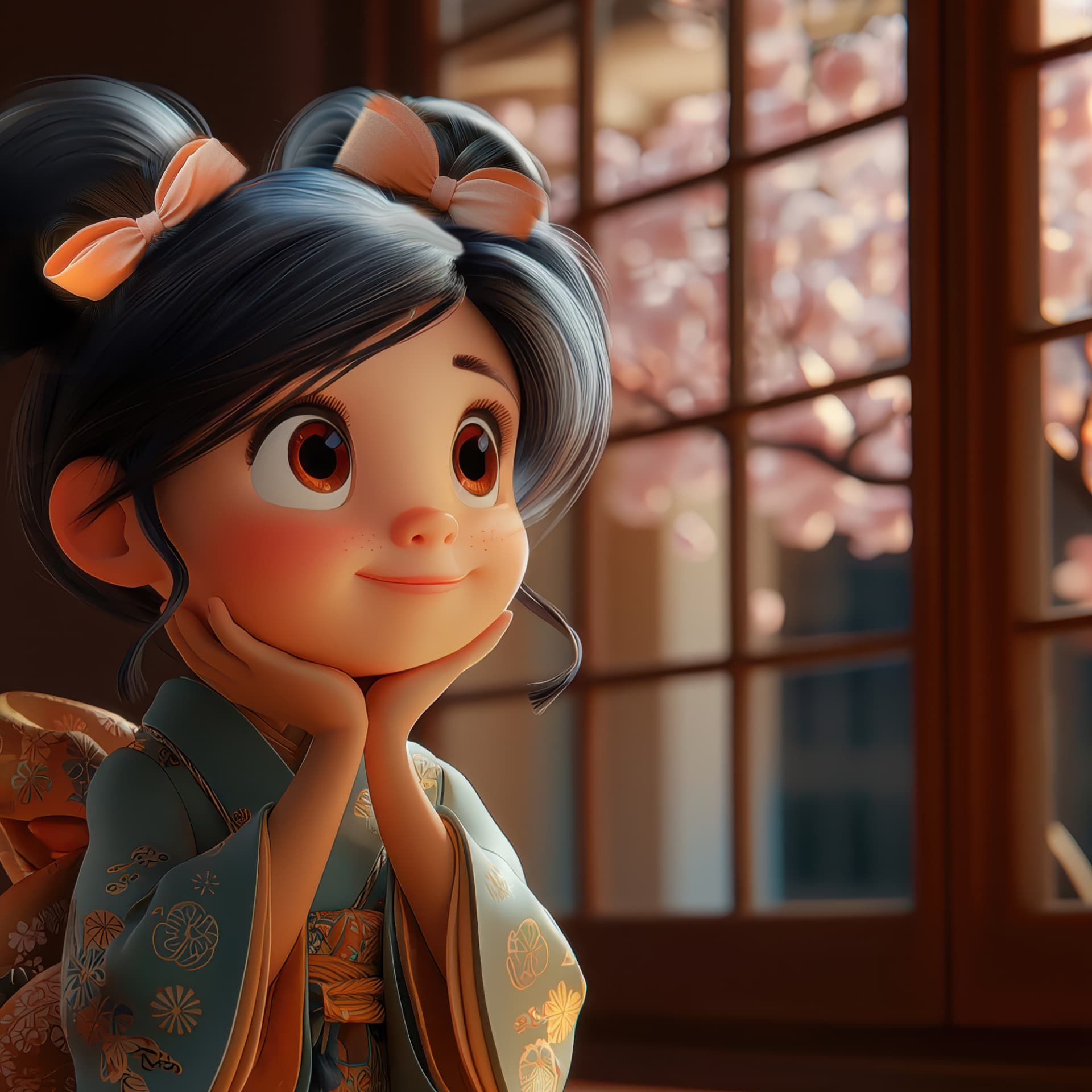 Yumi daydreaming by a window with cherry blossoms