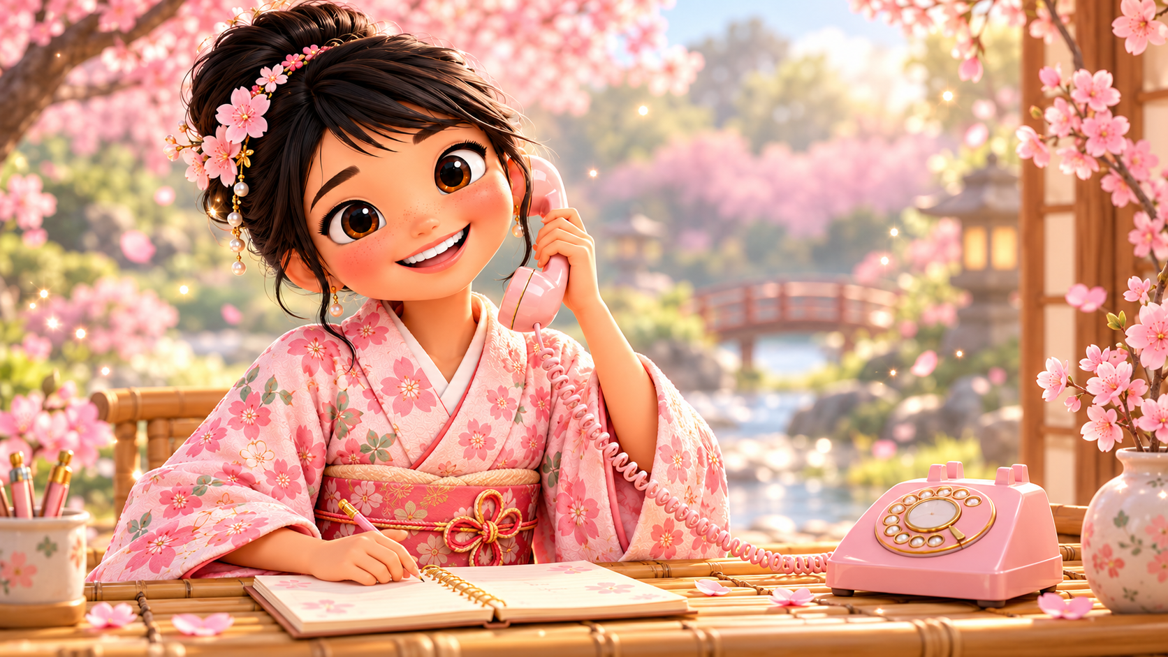 Yumi smiling on a cherry-blossom phone call, writing in her notebook beside a pink rotary phone