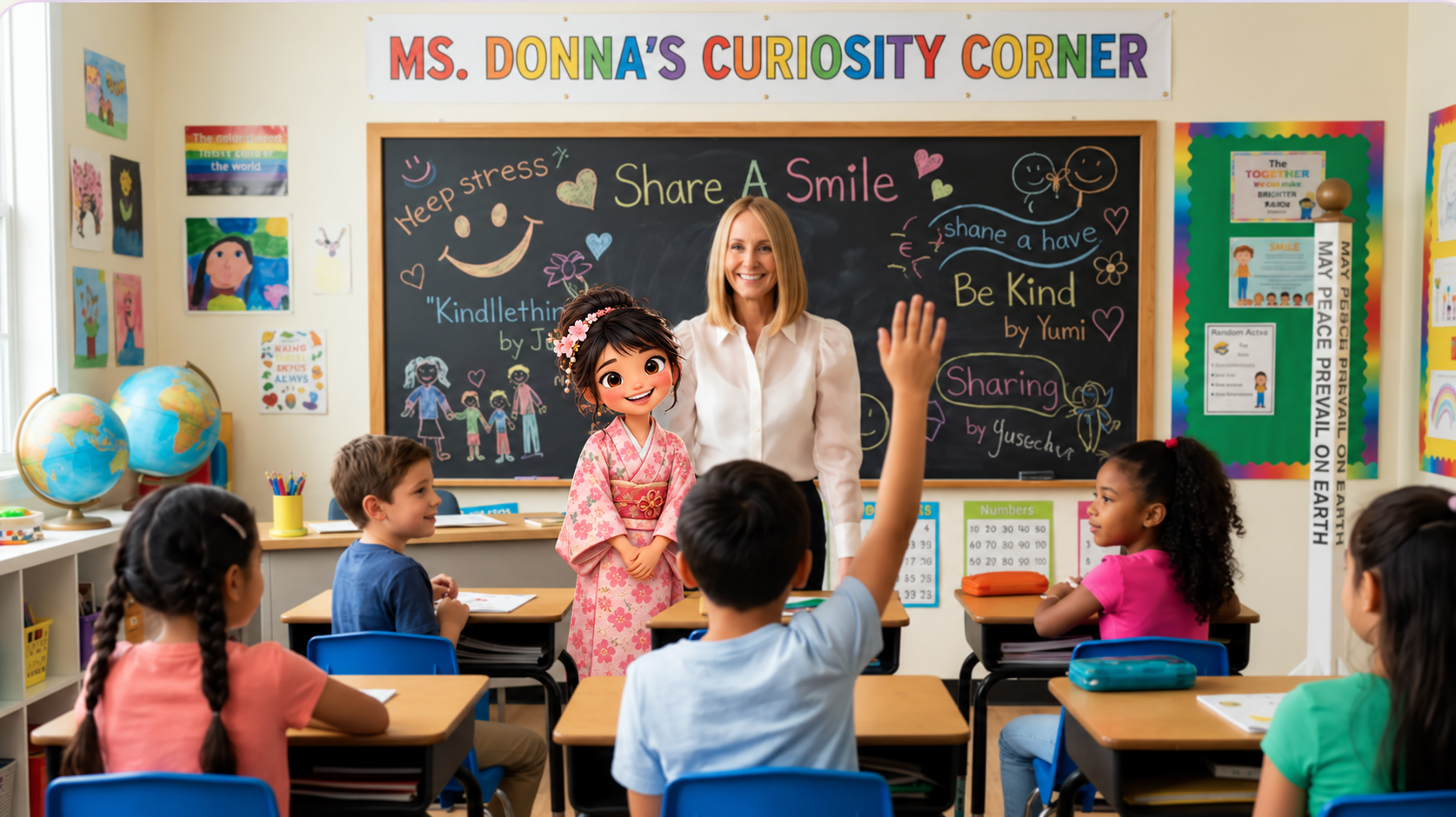 Ms. Donna’s Curiosity Corner — Yumi in her pink kimono joining Ms. Donna at the front of a colorful classroom as a child raises a hand