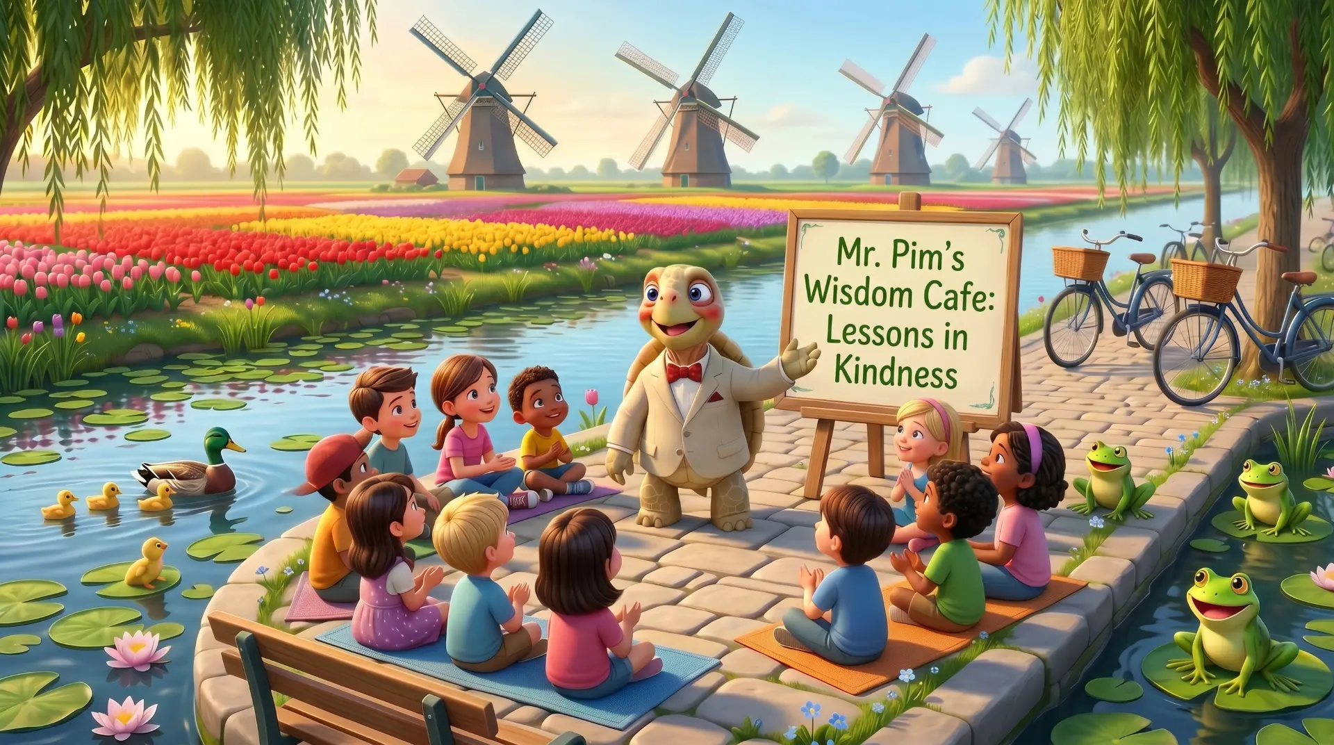 Mr. Pim’s Wisdom Cafe: Lessons in Kindness — Mr. Pim the turtle teaches a group of children gathered beside a tulip field and canal